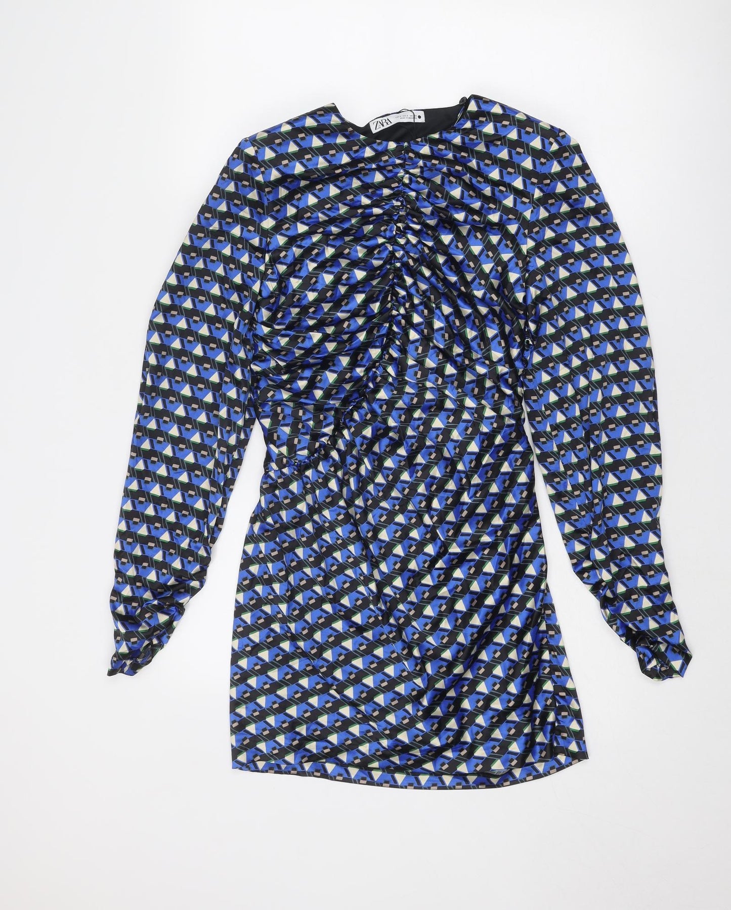 Zara Womens Blue Geometric Polyester Mini Size S Round Neck Zip