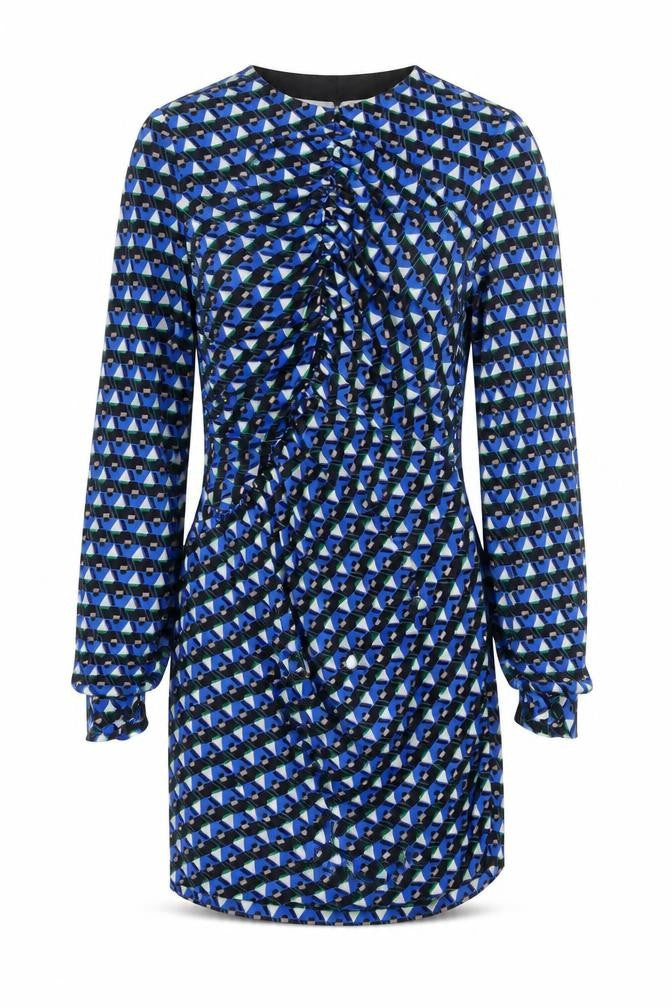 Front view of Zara women’s blue geometric polyester mini, size S, round neck zip