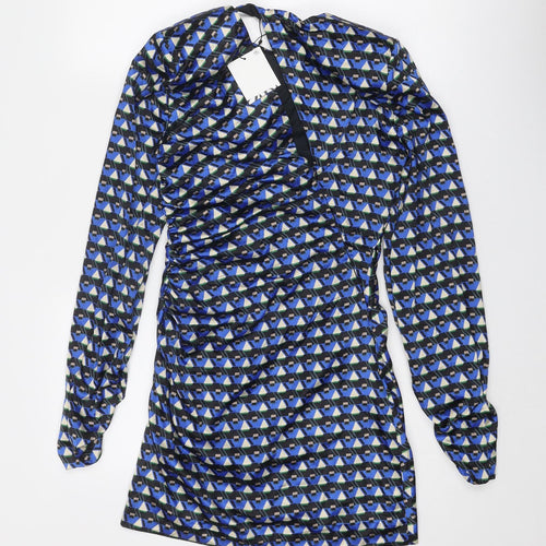 Zara Womens Blue Geometric Polyester Mini Size S Round Neck Zip