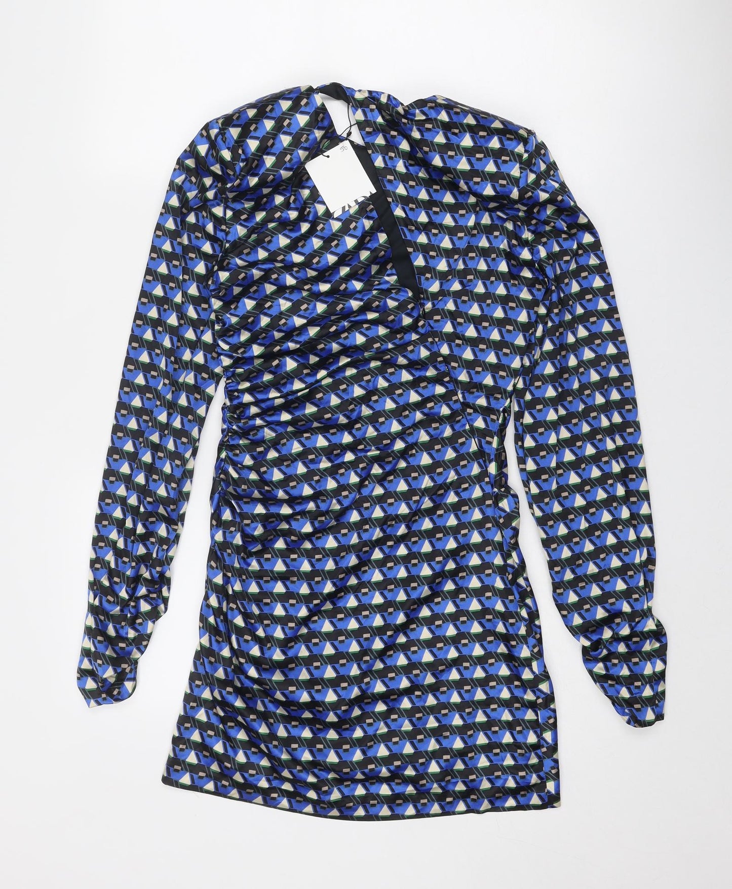 Zara Womens Blue Geometric Polyester Mini Size S Round Neck Zip