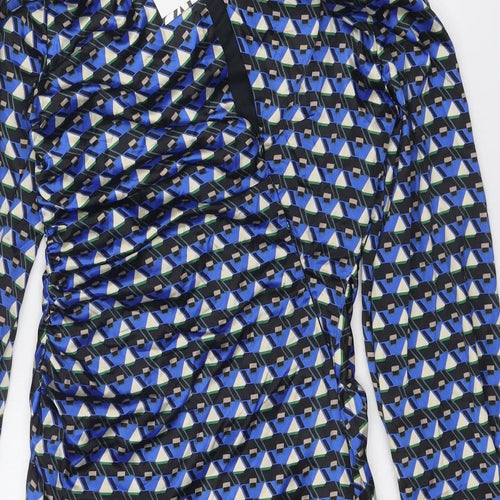 Zara Womens Blue Geometric Polyester Mini Size S Round Neck Zip