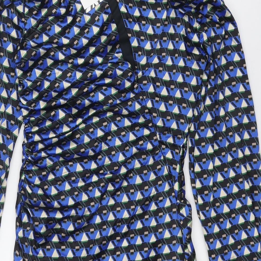 Zara Womens Blue Geometric Polyester Mini Size S Round Neck Zip
