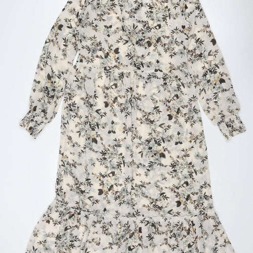 Miss Selfridge Womens Beige Floral Polyester A-Line Size 4 Mock Neck Tie - Tie Neck Detail