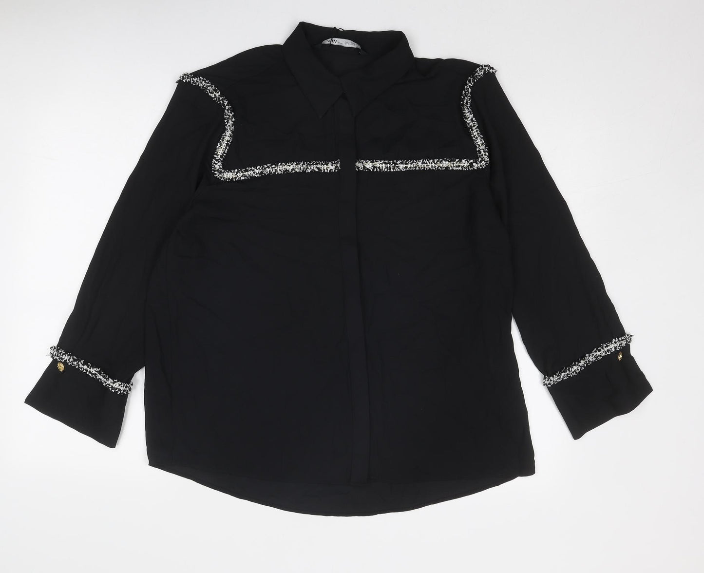 Zara Womens Black Polyester Basic Button-Up Size XL Collared