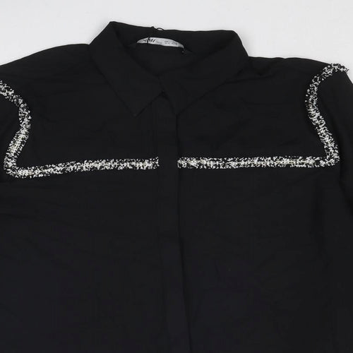Zara Womens Black Polyester Basic Button-Up Size XL Collared