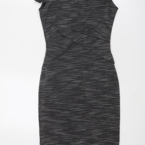 Miss Selfridge Womens Grey Striped Polyester Bodycon Size 6 Mock Neck Zip