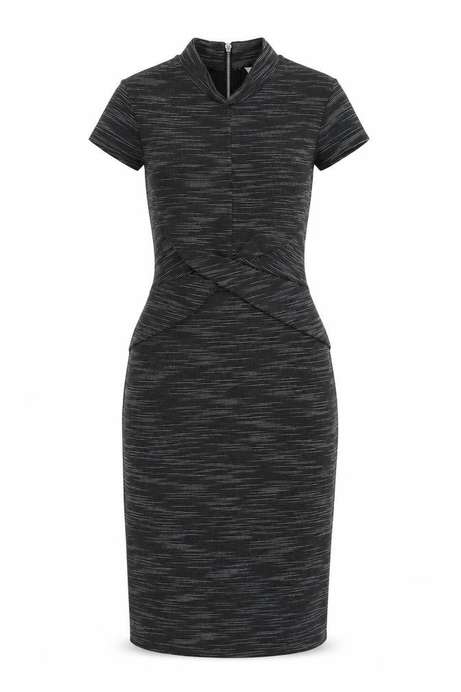 Front view of Miss Selfridge women’s grey striped polyester bodycon, size UK 6, mock neck zip