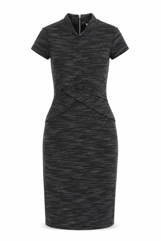 Front view of Miss Selfridge women’s grey striped polyester bodycon, size UK 6, mock neck zip