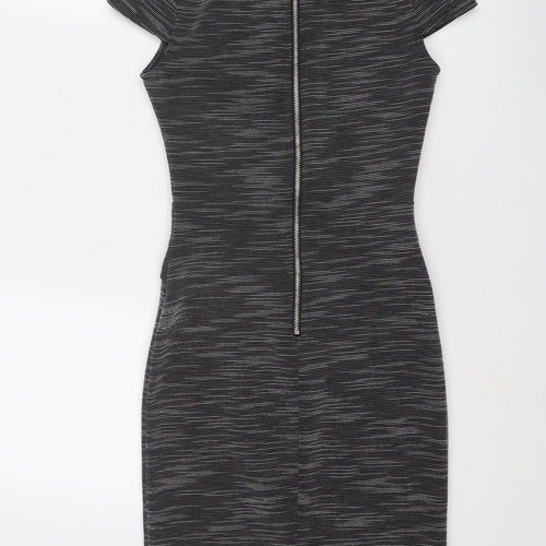 Miss Selfridge Womens Grey Striped Polyester Bodycon Size 6 Mock Neck Zip