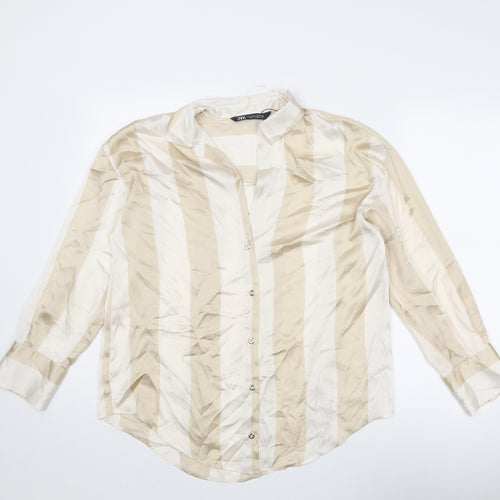 Zara Womens Beige Striped Polyester Basic Button-Up Size S Collared