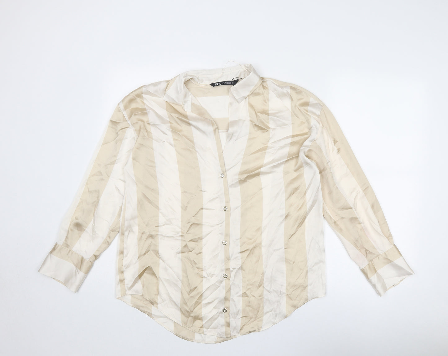 Zara Womens Beige Striped Polyester Basic Button-Up Size S Collared