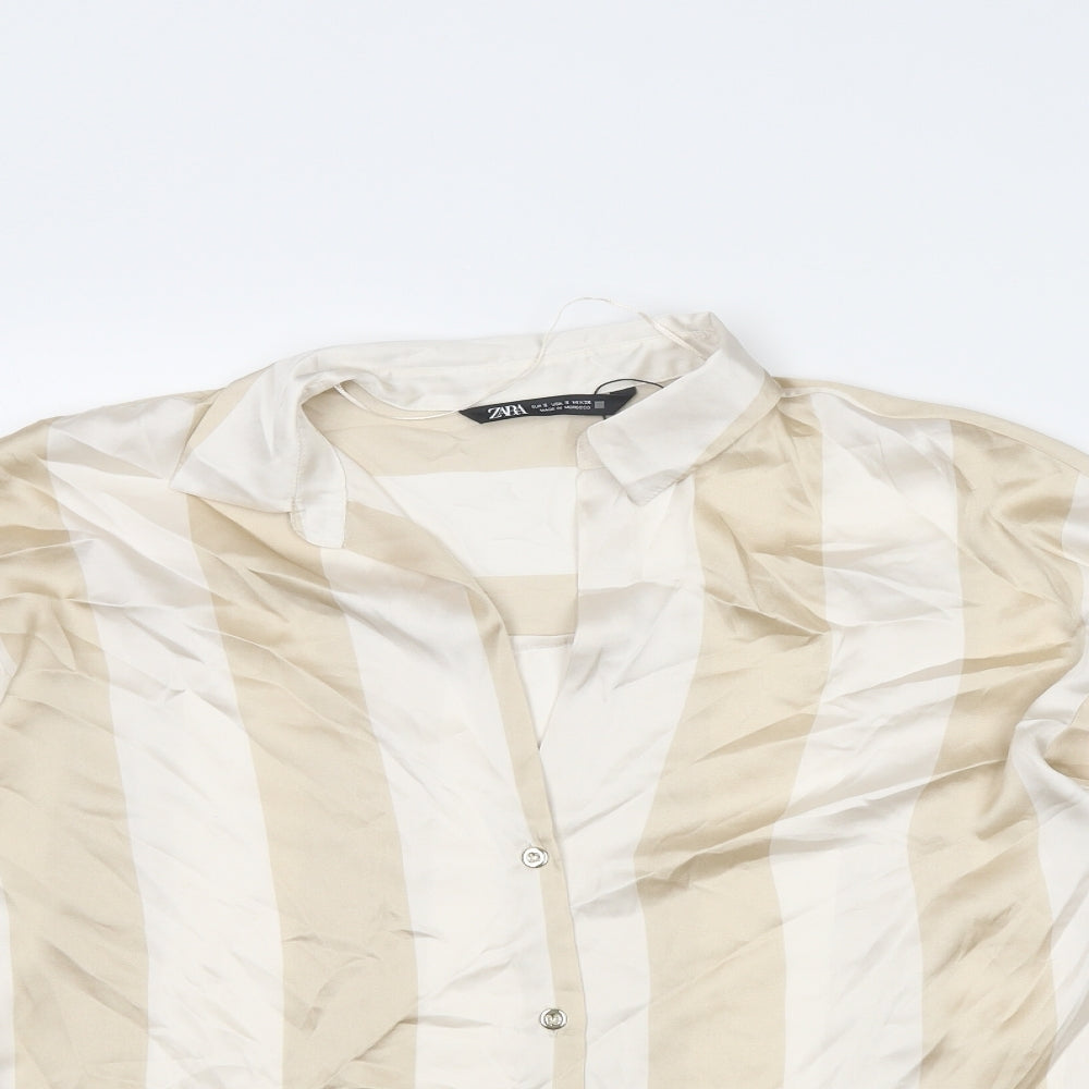 Zara Womens Beige Striped Polyester Basic Button-Up Size S Collared