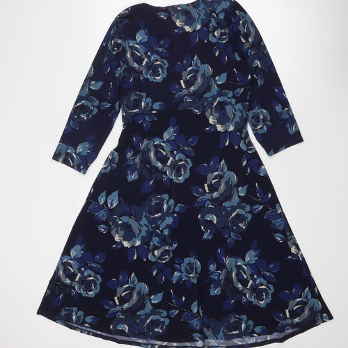 EAST Womens Blue Floral Polyester A-Line Size 12 V-Neck Pullover - Twist Front Detail
