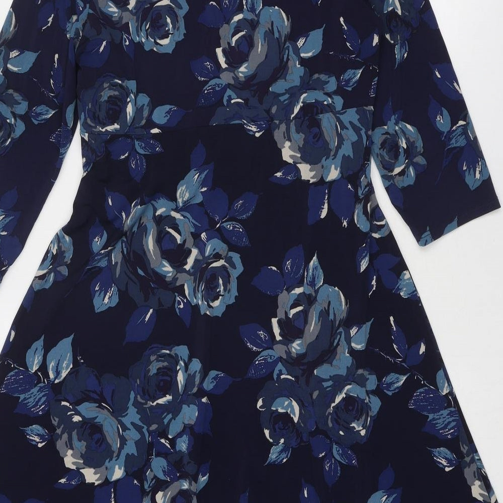 EAST Womens Blue Floral Polyester A-Line Size 12 V-Neck Pullover - Twist Front Detail