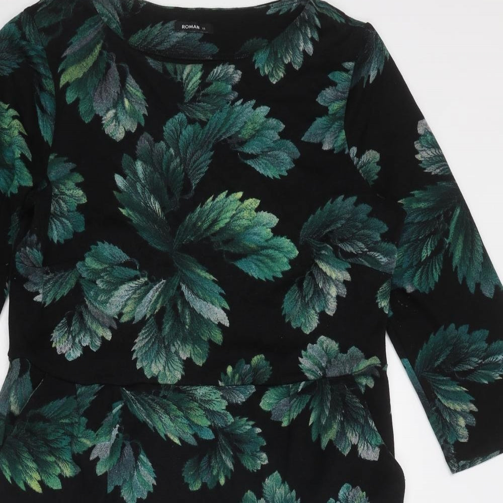 Roman Womens Black Geometric Polyester Sheath Size 12 Boat Neck Pullover - Leaf Print