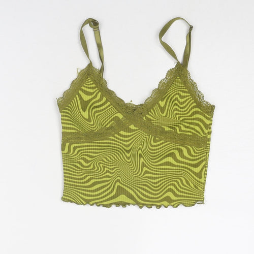 Divided by H&M Womens Green Geometric Polyester Cropped Tank Size XS V-Neck - Lace Details
