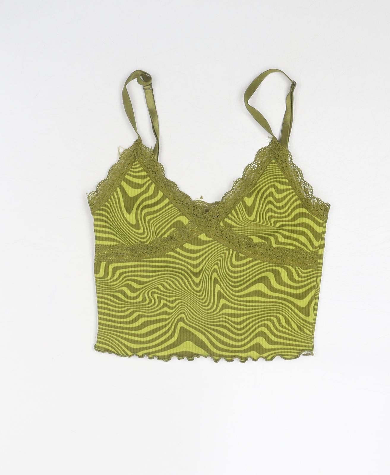 Divided by H&M Womens Green Geometric Polyester Cropped Tank Size XS V-Neck - Lace Details