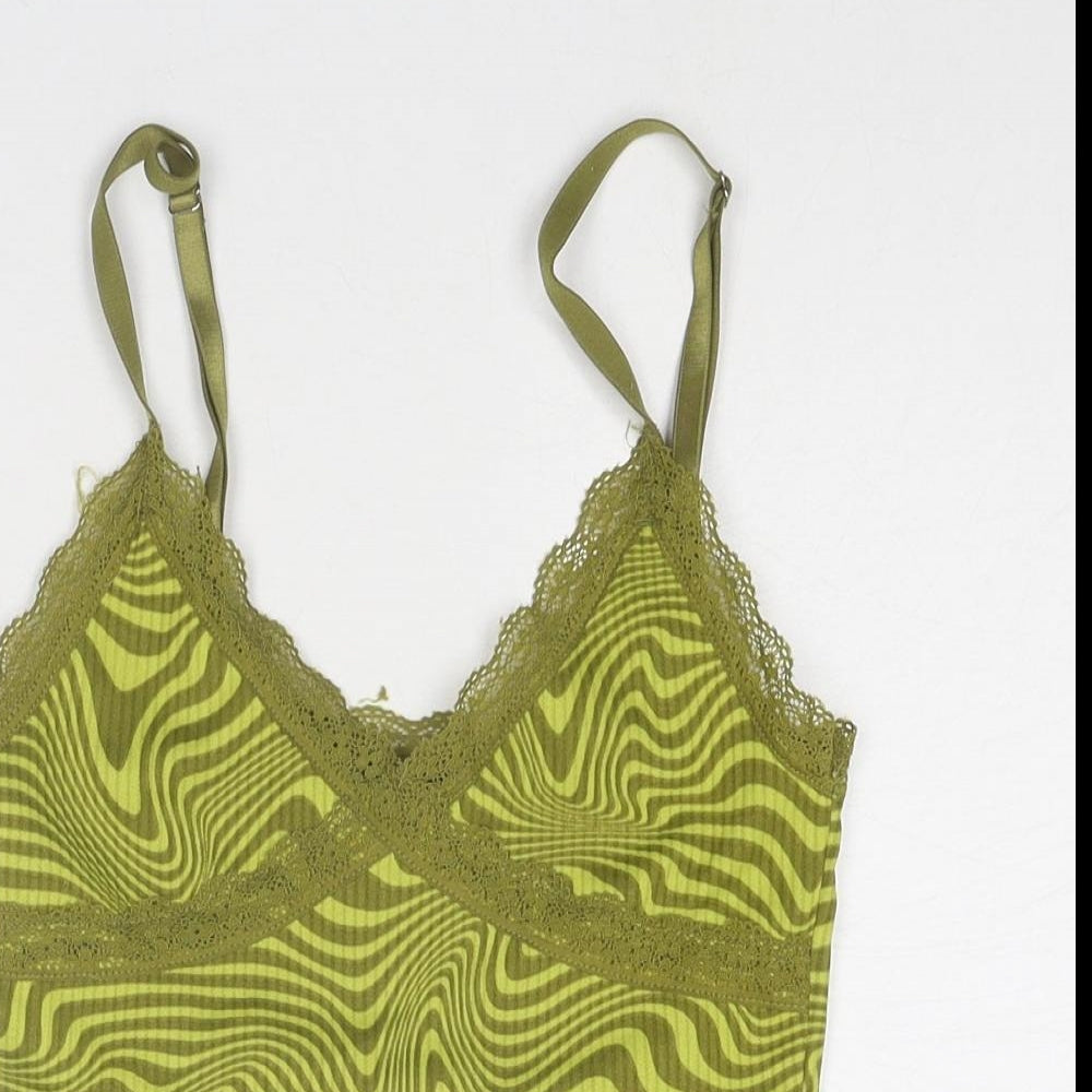 Divided by H&M Womens Green Geometric Polyester Cropped Tank Size XS V-Neck - Lace Details