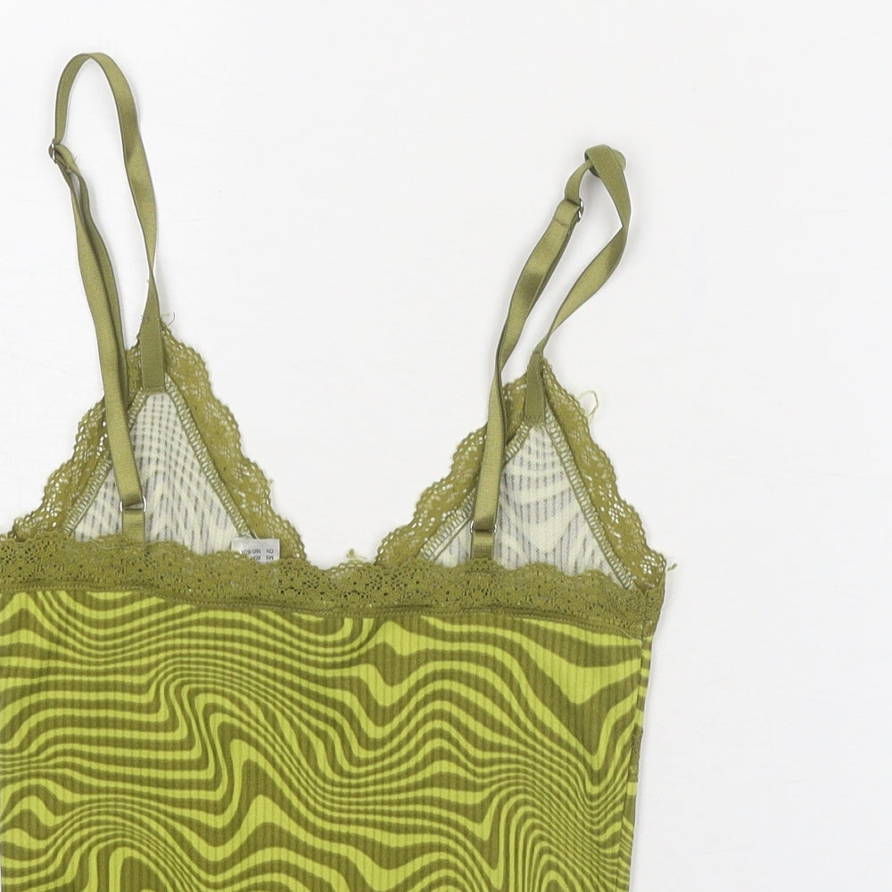 Divided by H&M Womens Green Geometric Polyester Cropped Tank Size XS V-Neck - Lace Details