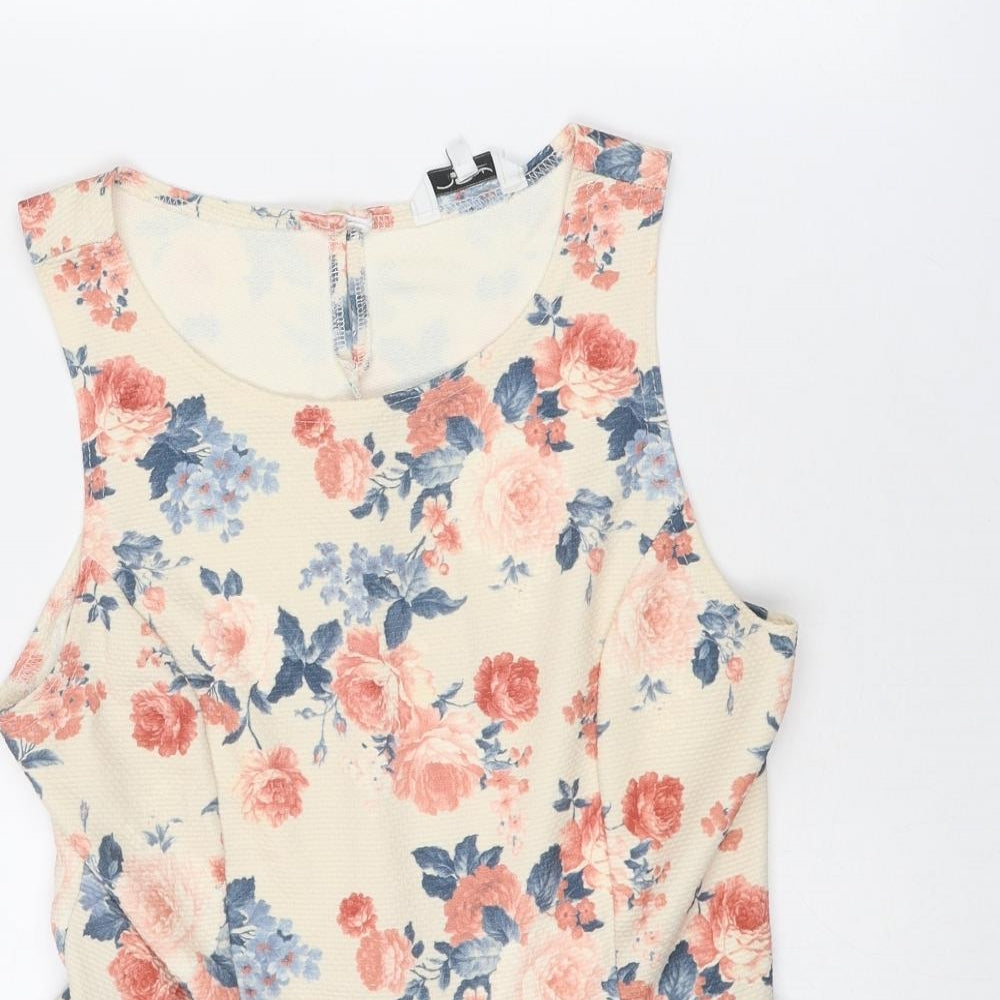 New Look Womens Beige Floral Polyester Basic Tank Size 12 Round Neck
