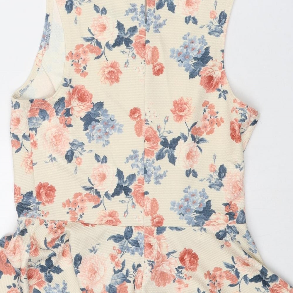 New Look Womens Beige Floral Polyester Basic Tank Size 12 Round Neck