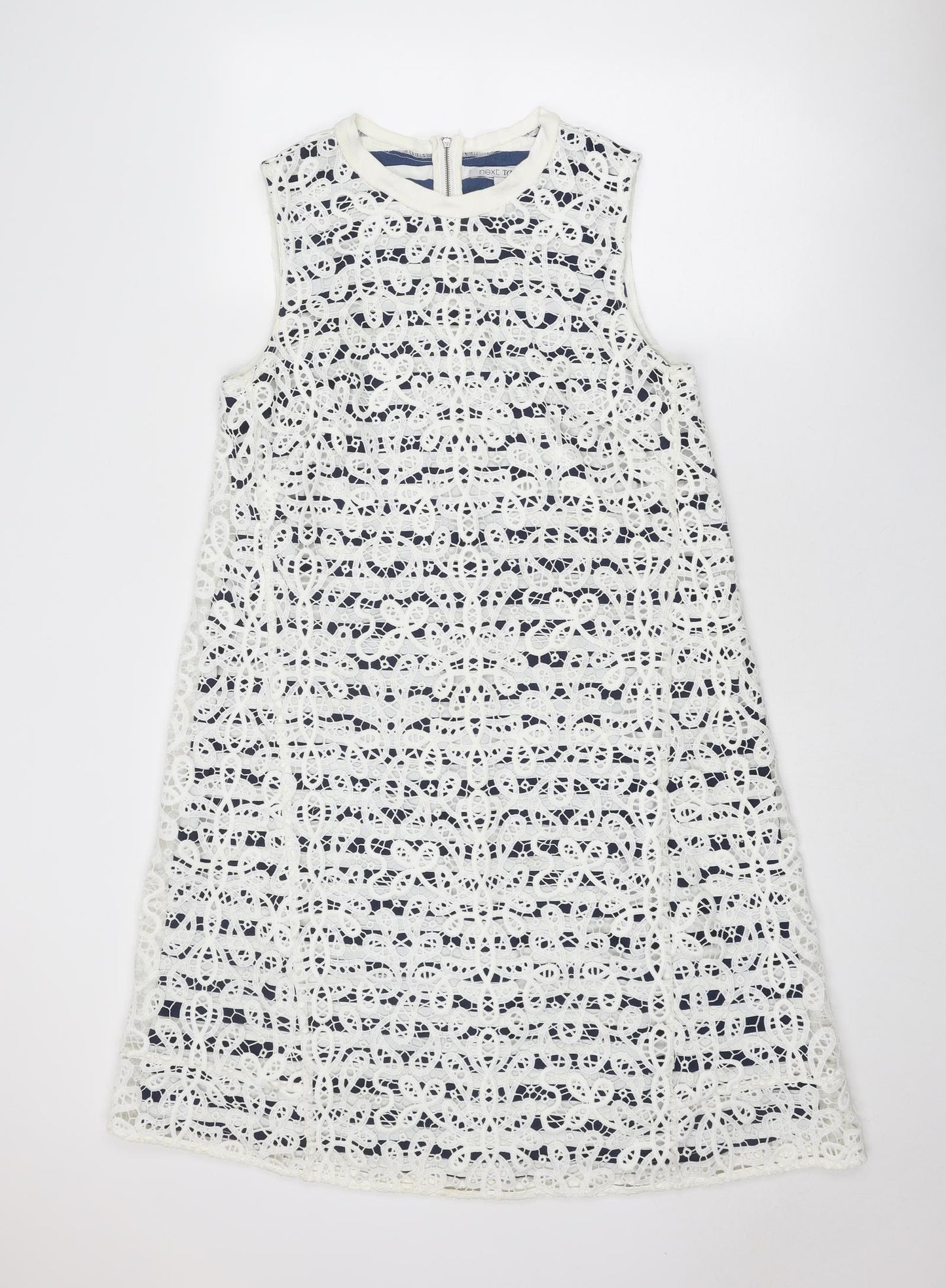 NEXT Womens White Polyester A-Line Size 14 Round Neck Zip - Crocheted Lace Overlay