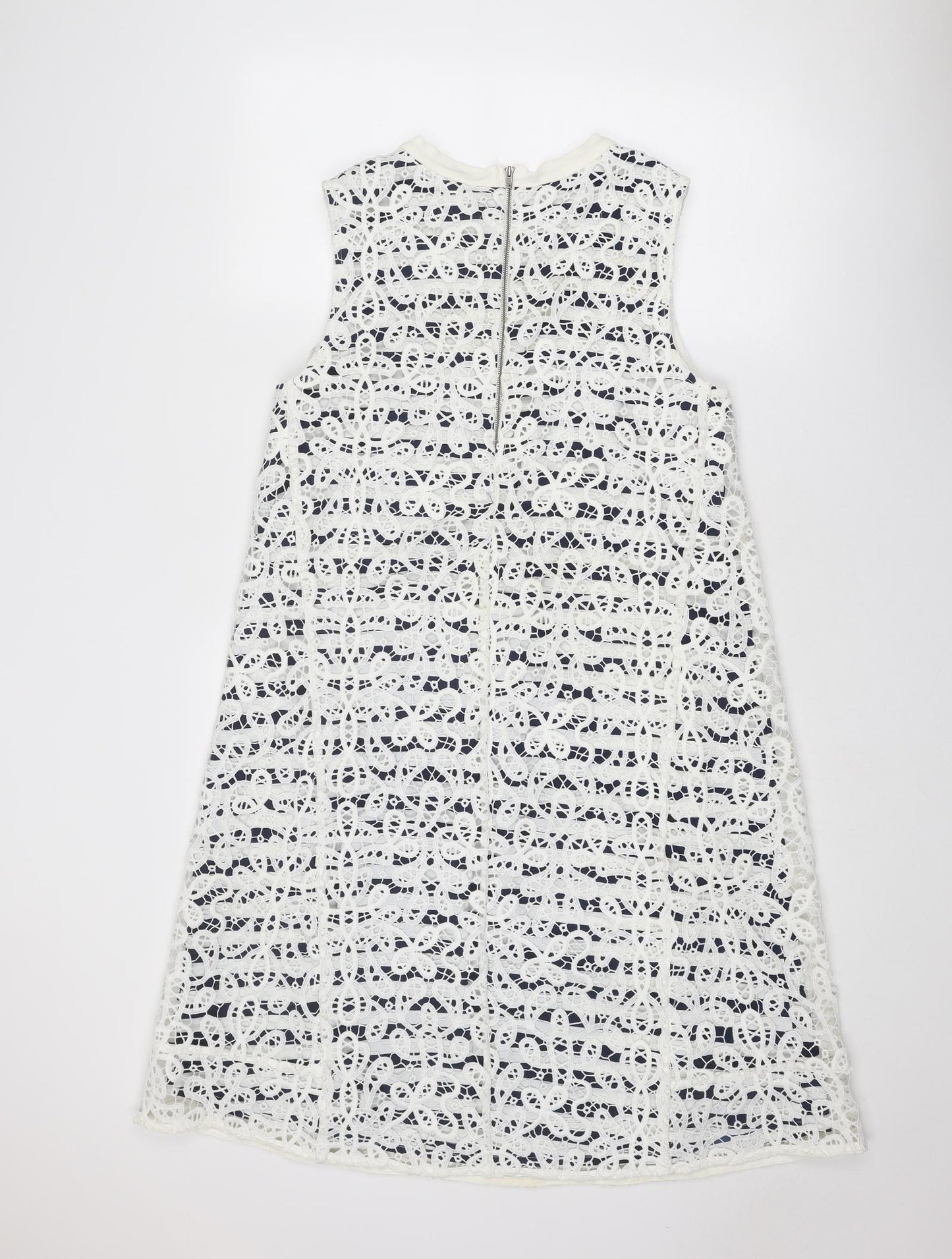 NEXT Womens White Polyester A-Line Size 14 Round Neck Zip - Crocheted Lace Overlay