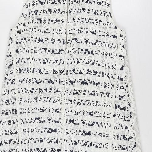 NEXT Womens White Polyester A-Line Size 14 Round Neck Zip - Crocheted Lace Overlay