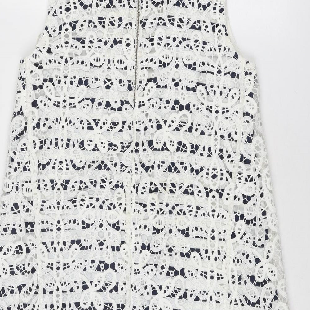 NEXT Womens White Polyester A-Line Size 14 Round Neck Zip - Crocheted Lace Overlay