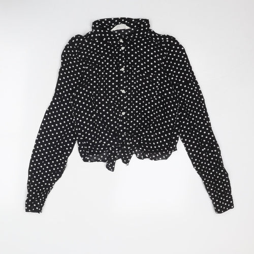 H&M Girls Black Polka Dot Viscose Basic Button-Up Size 15 Years Collared Button