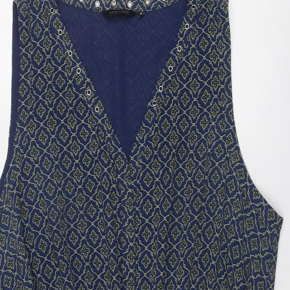 New Look Womens Blue Geometric Polyester A-Line Size 18 V-Neck Pullover