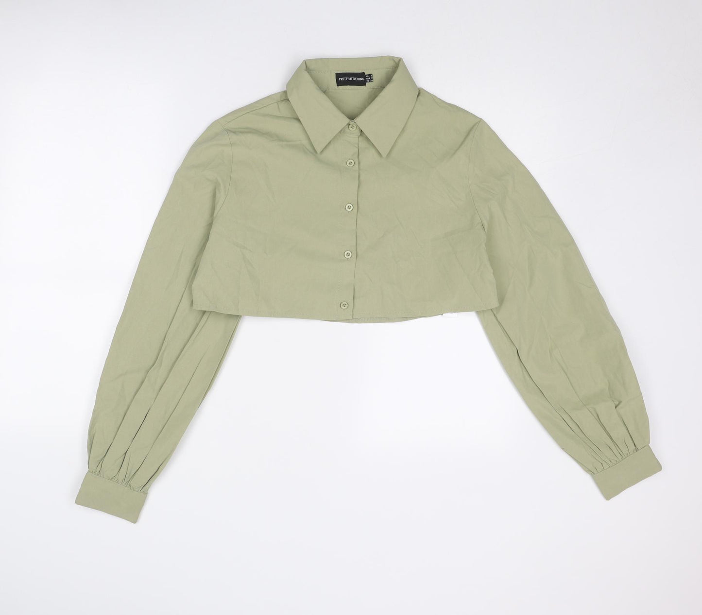 PRETTYLITTLETHING Womens Green Polyester Cropped Button-Up Size 6 Collared