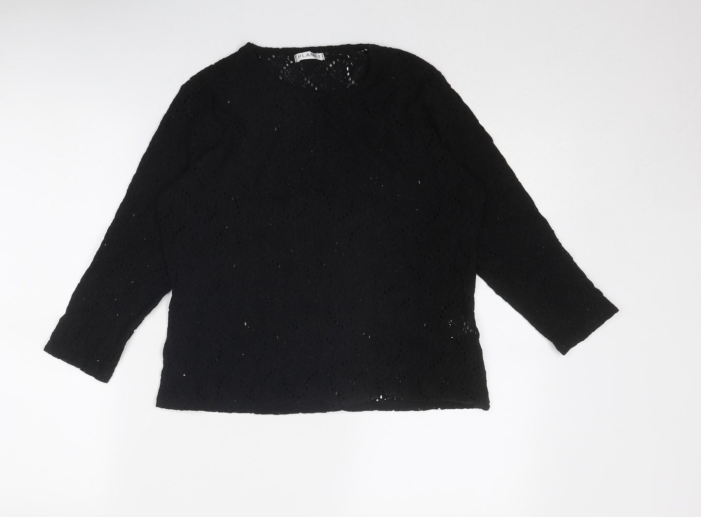 Planet Womens Black Nylon Basic Blouse Size L Round Neck - Broderie Anglaise