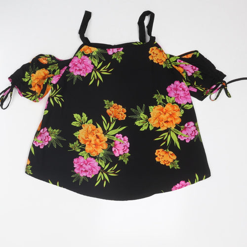 New Look Womens Black Floral Polyester Basic Blouse Size 8 Round Neck - Cold Shoulder