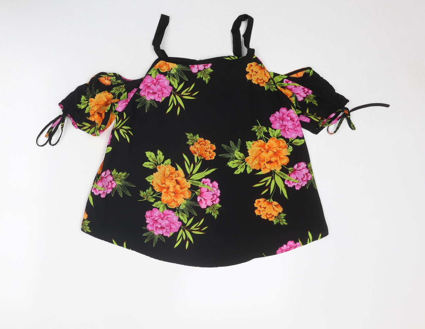 New Look Womens Black Floral Polyester Basic Blouse Size 8 Round Neck - Cold Shoulder