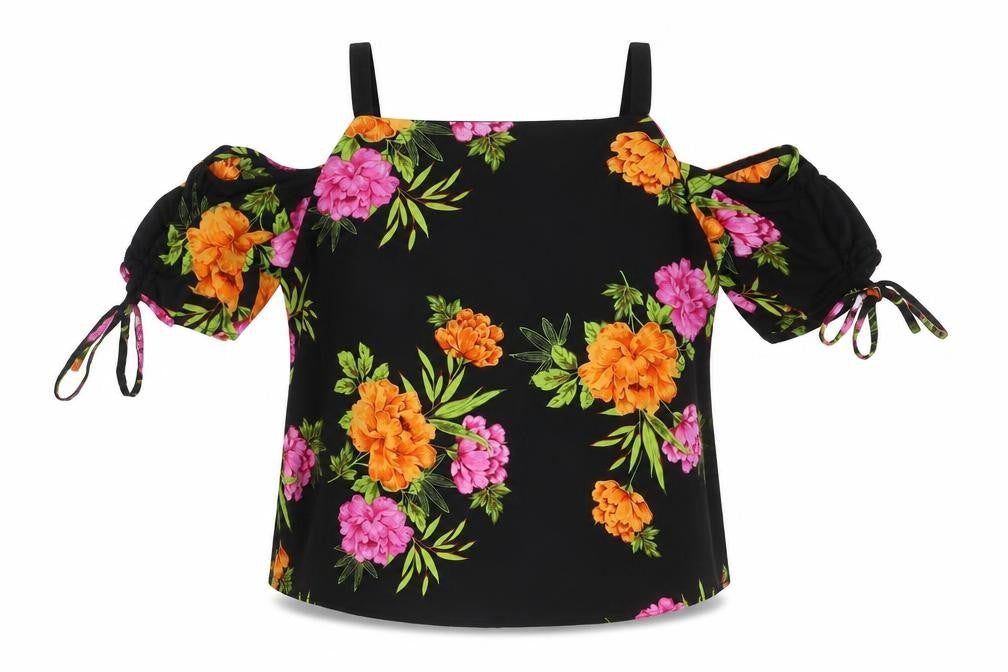 Front view of New Look women’s black floral polyester basic blouse, size UK 8, round neck - cold shoulder