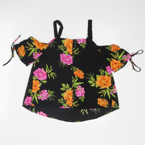 New Look Womens Black Floral Polyester Basic Blouse Size 8 Round Neck - Cold Shoulder