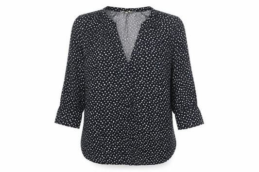 Front view of Next women’s grey animal print viscose basic blouse, size UK 10, v-neck - spotted
