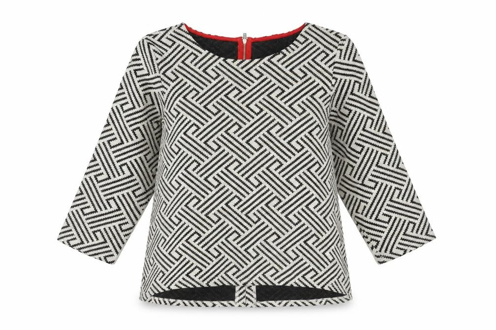Front view of W5 women’s white geometric cotton basic blouse, size M, boat neck