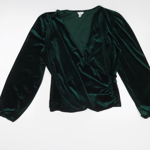 M&Co Womens Green Polyester Basic Blouse Size 14 V-Neck - Wrap Style