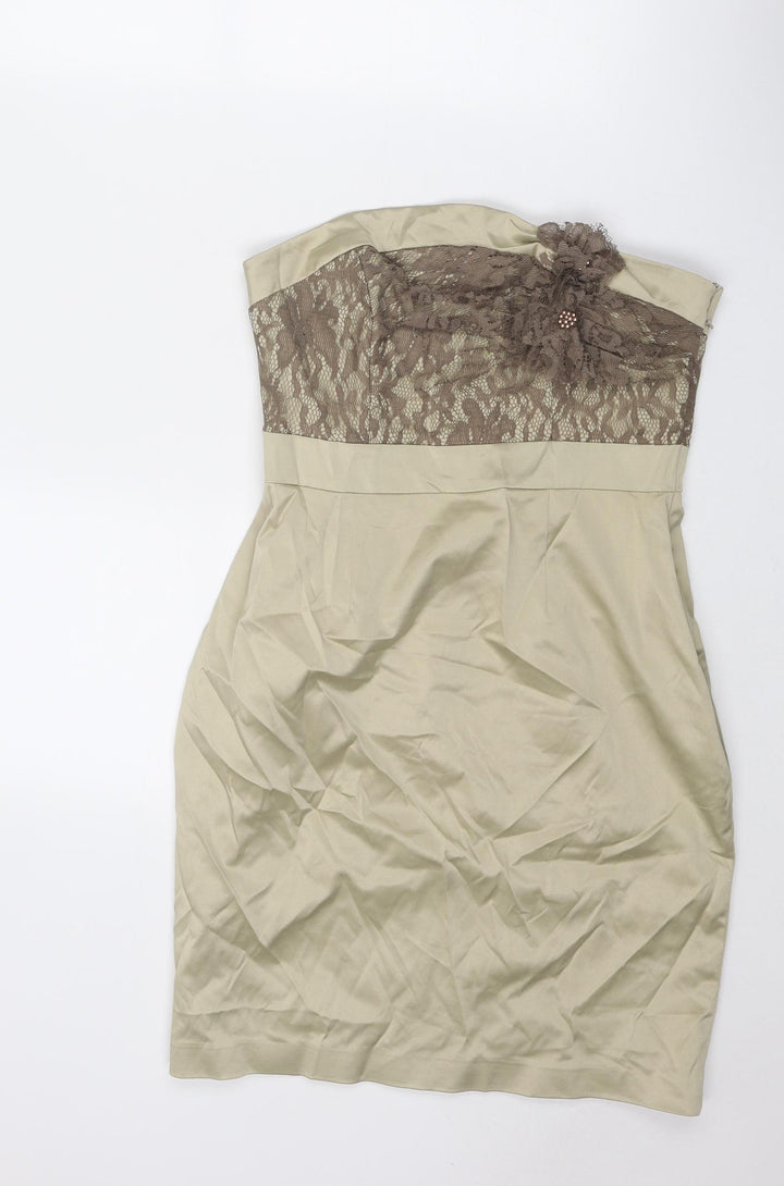 Red Herring Womens Gold Polyester Mini Size 10 Square Neck Zip - Strapless Lace Details