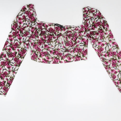 NaaNaa Womens Purple Floral Polyester Cropped Blouse Size 12 Square Neck - Rose Print