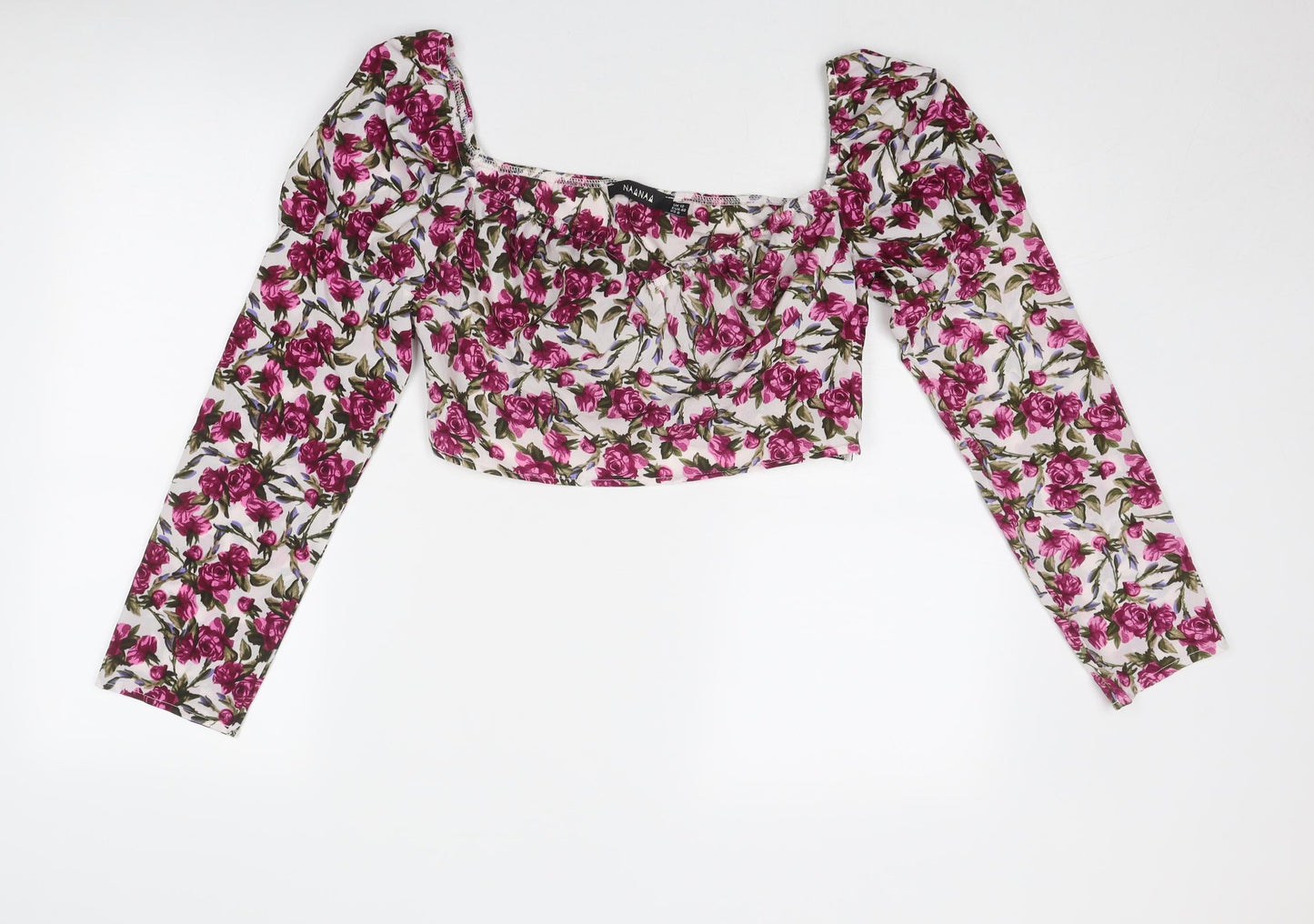 NaaNaa Womens Purple Floral Polyester Cropped Blouse Size 12 Square Neck - Rose Print