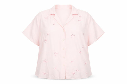Front view of St Michael women’s pink floral polyester basic button-up, size UK 18, collared