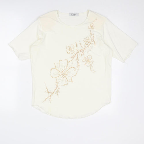 Sonic Womens Ivory Polyester Basic T-Shirt Size 16 Round Neck - Flower