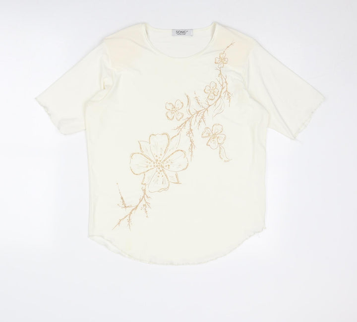 Sonic Womens Ivory Polyester Basic T-Shirt Size 16 Round Neck - Flower
