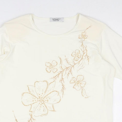 Sonic Womens Ivory Polyester Basic T-Shirt Size 16 Round Neck - Flower