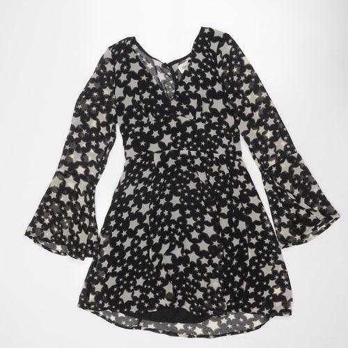 Kiss the Sky Womens Black Geometric Viscose Fit & Flare Size S V-Neck Button - Star Pattern