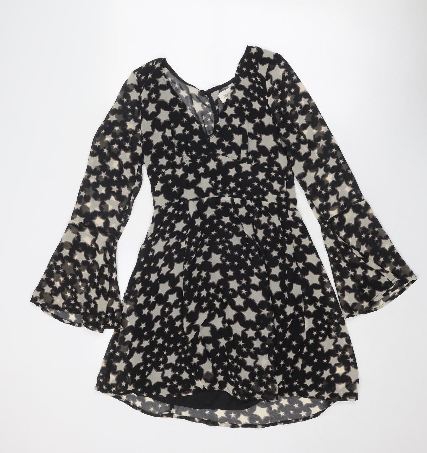Kiss the Sky Womens Black Geometric Viscose Fit & Flare Size S V-Neck Button - Star Pattern
