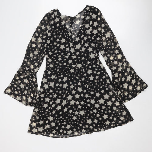 Kiss the Sky Womens Black Geometric Viscose Fit & Flare Size S V-Neck Button - Star Pattern